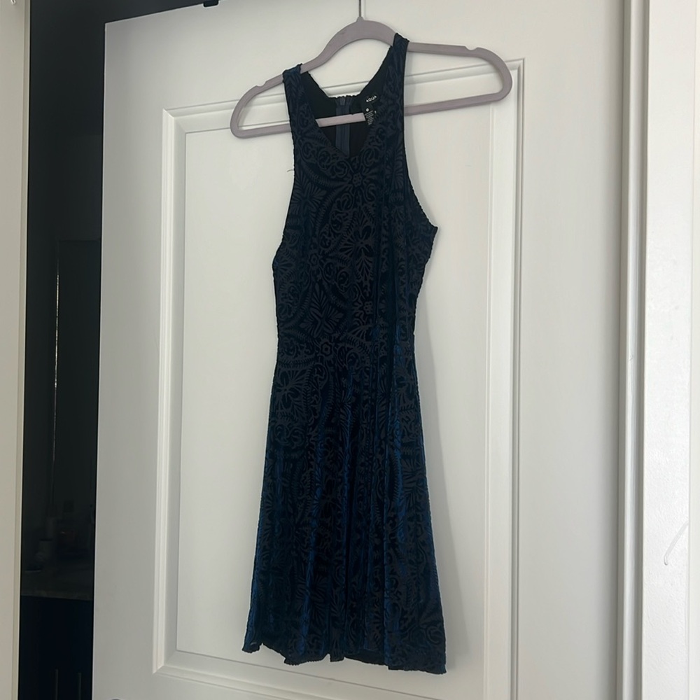 AQUA blue and black paisley velvet mini dress